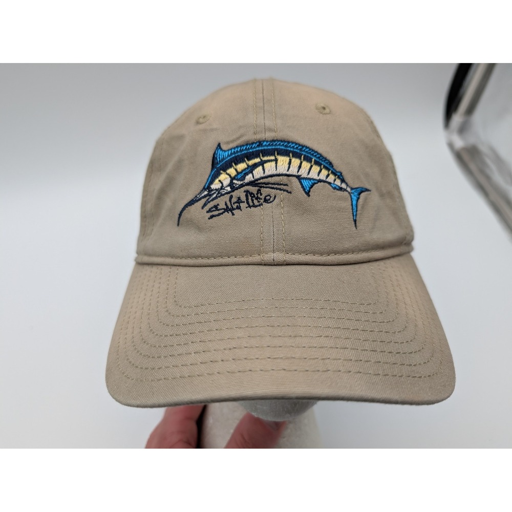 Salt Life Marlin Fishing Hat Tan Cotton Adjustable Strapback Baseball Cap Mens